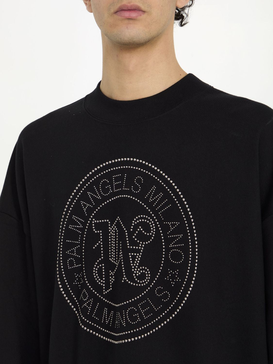 PALM ANGELS Men's Black Crewneck Sweatshirt with Embroidered Emblem and Silver Studs