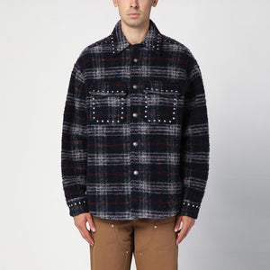 PALM ANGELS Navy Blue Check Wool Overshirt with Decorative Studs - Men’s Fashion Staple