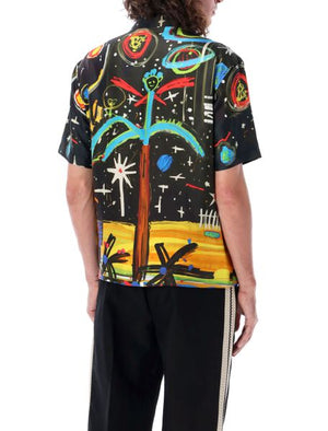 PALM ANGELS Men's Starry Night Short-Sleeved Bowling Shirt in Blackmulti