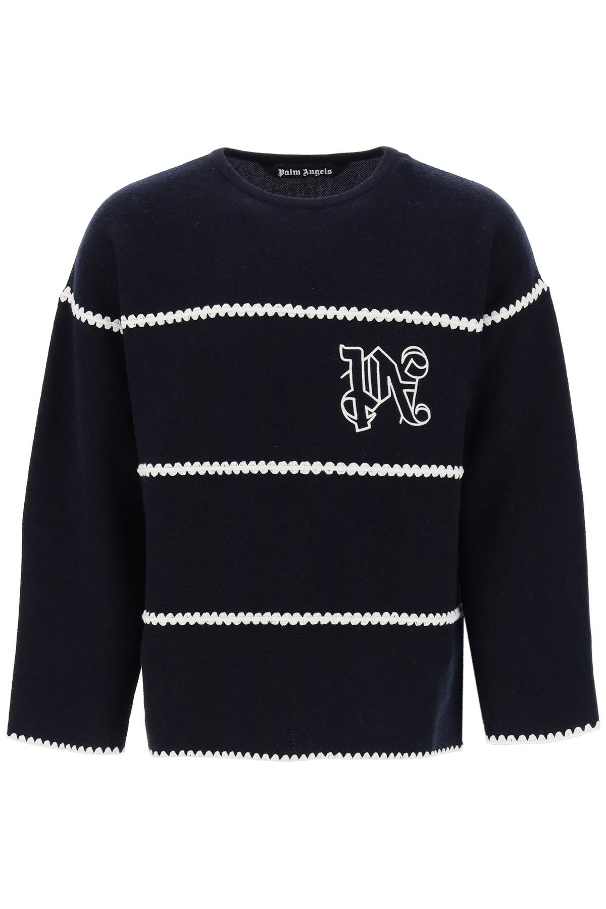 PALM ANGELS Navy Blue Wool-Blend Crew-Neck Sweater for Men