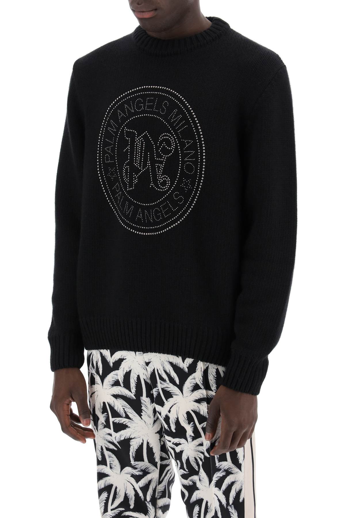 PALM ANGELS Men's Black Wool and Cashmere Pullover with Monogram Embellishment