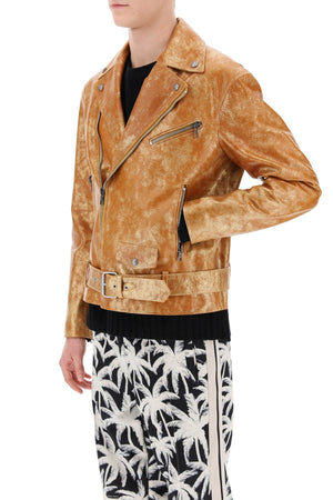 City Biker Jacket in Laminated Leather with Palm Angels Print