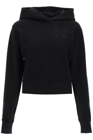 PALM ANGELS Black Cropped Hoodie with Chic Monogram Embroidery