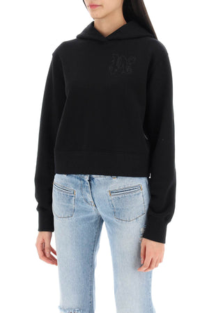 PALM ANGELS Black Cropped Hoodie with Chic Monogram Embroidery