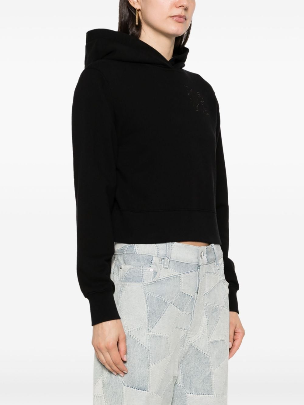 PALM ANGELS Black Cropped Hoodie with Chic Monogram Embroidery