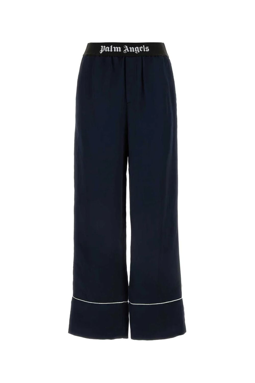 PALM ANGELS Navy Blue Linen-Blend Satin Straight Trousers for Women