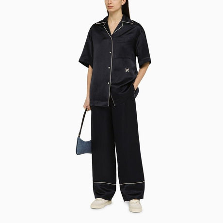 PALM ANGELS Navy Blue Linen-Blend Satin Straight Trousers for Women