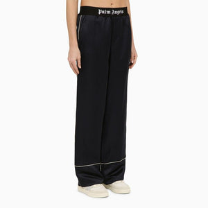 PALM ANGELS Navy Blue Linen-Blend Satin Straight Trousers for Women