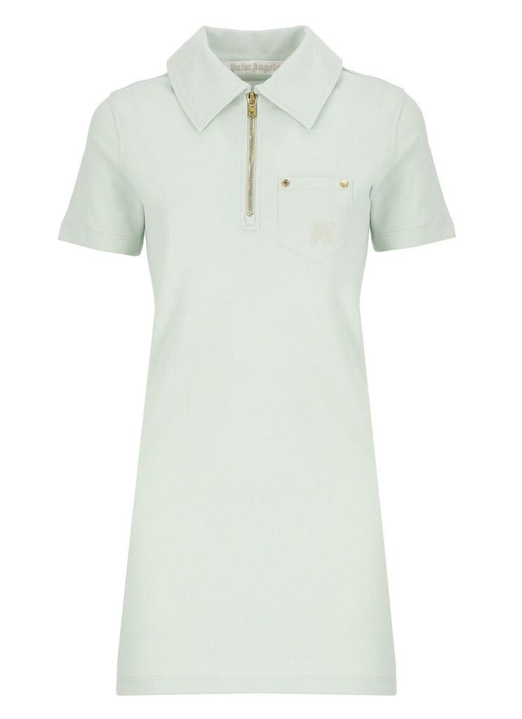 PALM ANGELS Light Green Cotton Mini Polo Dress with Gold Zip Detail