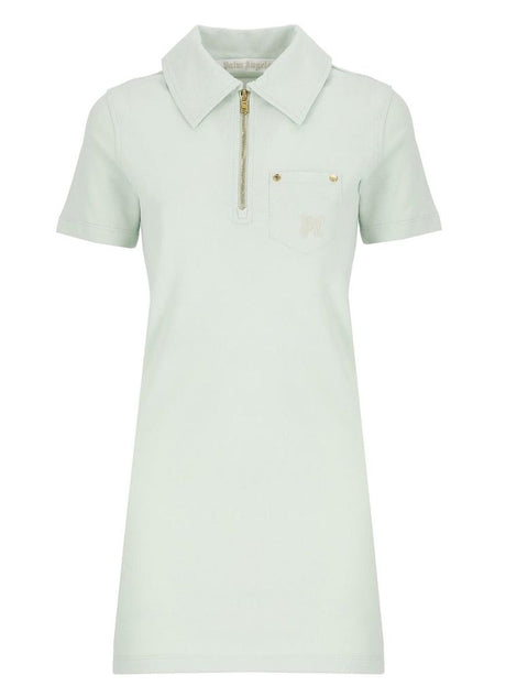 PALM ANGELS Light Green Cotton Mini Polo Dress with Gold Zip Detail