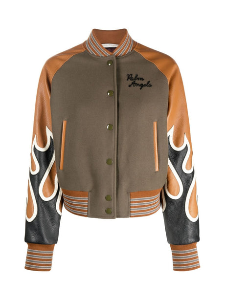 PALM ANGELS Burning Flames Leather Varsity Jacket for Women - FW24 Collection