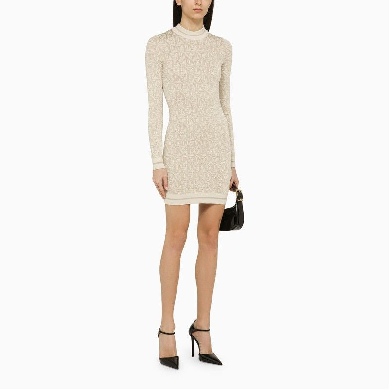 PALM ANGELS Ivory and Beige Jacquard Logo Viscose Dress for Women