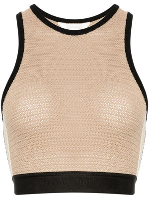 PALM ANGELS Beige Crochet Knit Top with Logo-Tape Detailing