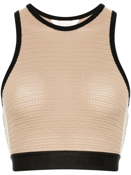 PALM ANGELS Beige Crochet Knit Top with Logo-Tape Detailing