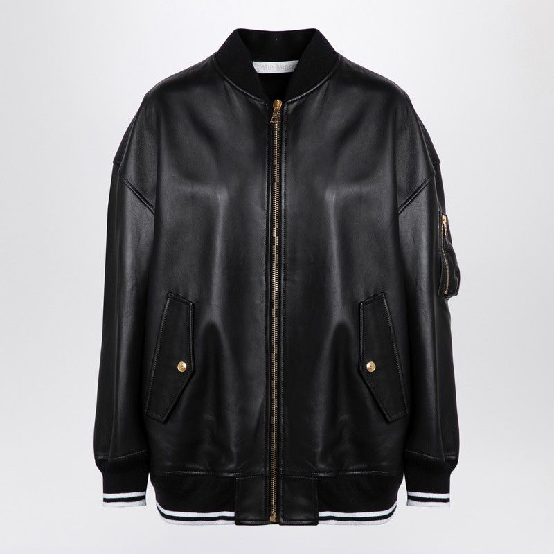 PALM ANGELS Women's Black Leather College Bomber Jacket