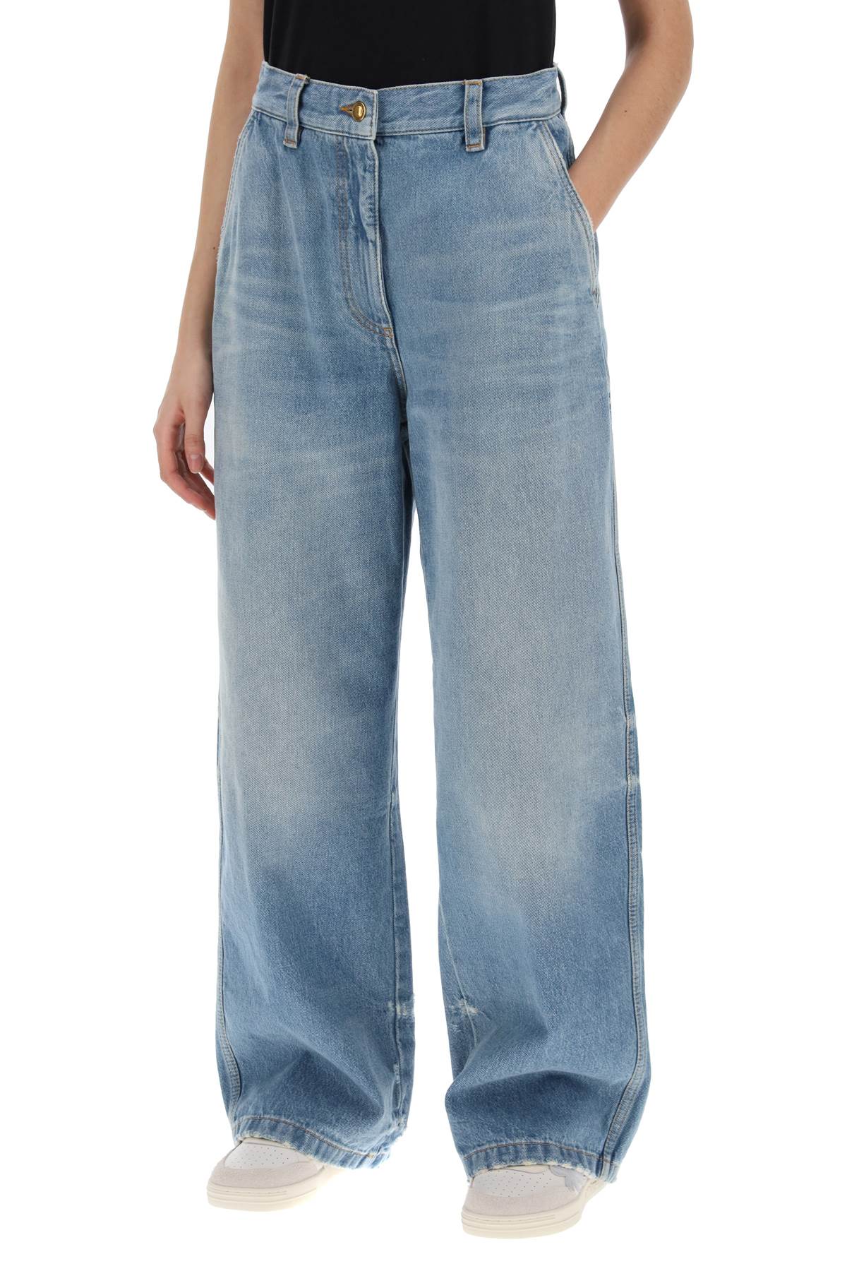 PALM ANGELS Wide Leg Distressed Denim Jeans