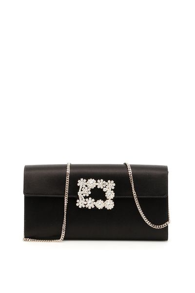 ROGER VIVIER Mini Satin Clutch Handbag with Crystal Buckle and Metal Chain