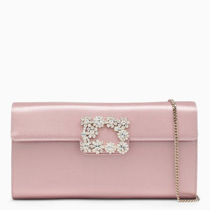 ROGER VIVIER Mini Satin Clutch Handbag with Crystal Buckle and Metal Chain