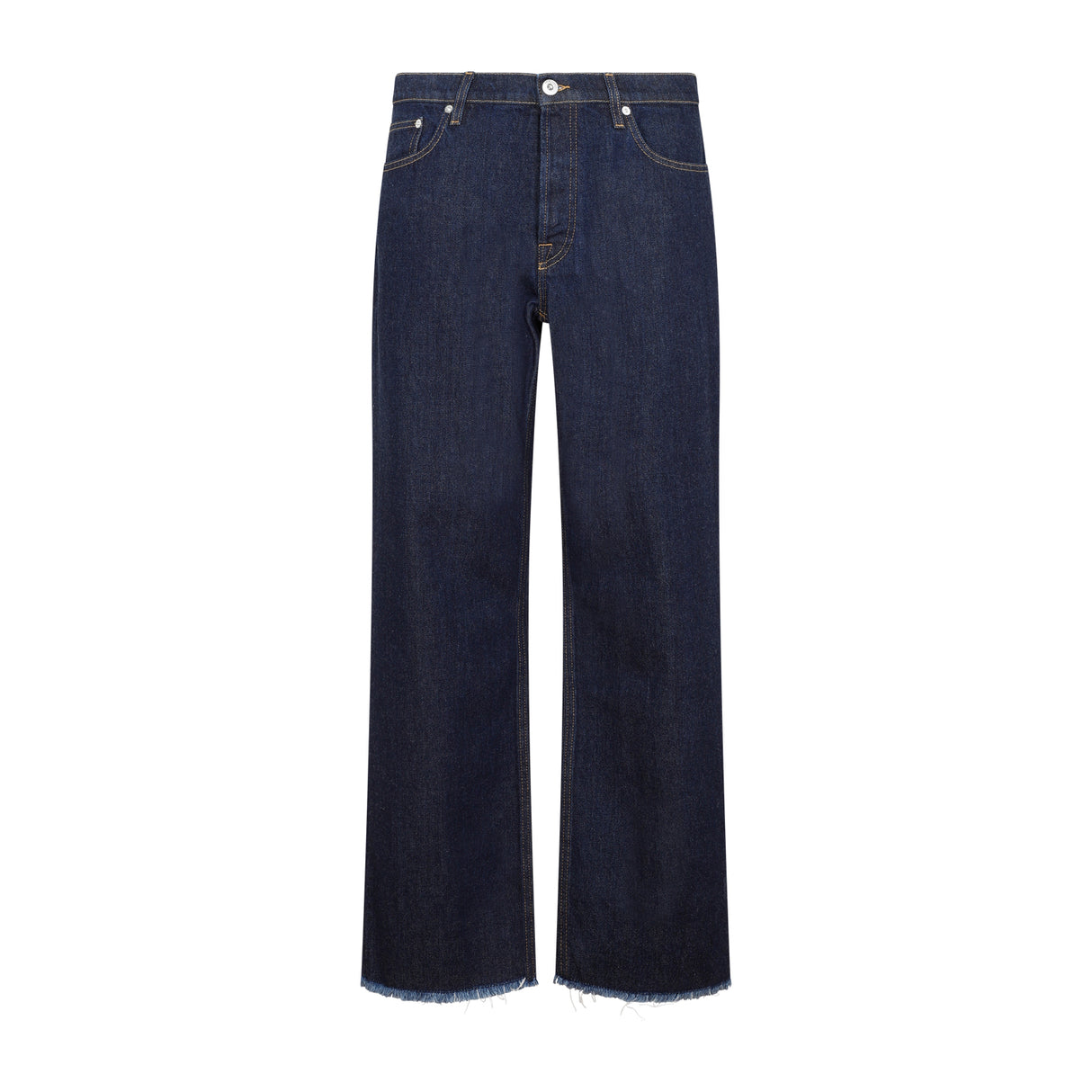 LANVIN Men's Blue Denim Jeans with Contrast Stitching and Frayed Hems