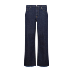 LANVIN Men's Blue Denim Jeans with Contrast Stitching and Frayed Hems