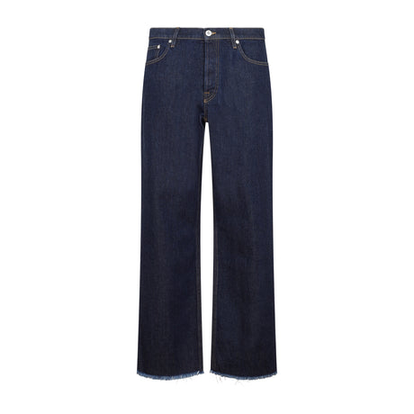 LANVIN Men's Blue Denim Jeans with Contrast Stitching and Frayed Hems