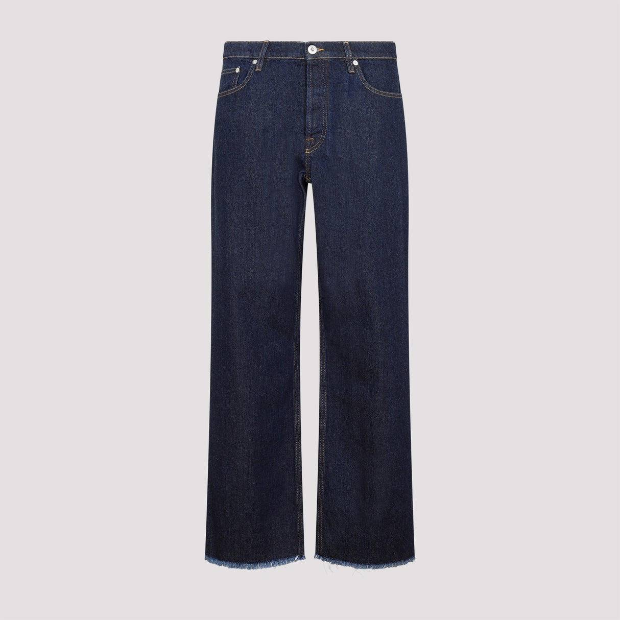 LANVIN Men's Blue Denim Jeans with Contrast Stitching and Frayed Hems