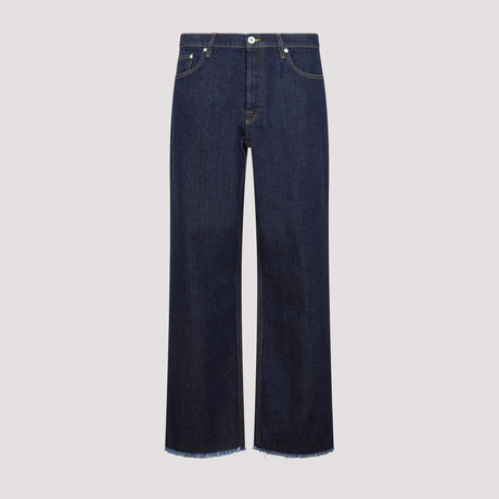 LANVIN Men's Blue Denim Jeans with Contrast Stitching and Frayed Hems