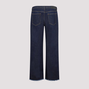 LANVIN Men's Blue Denim Jeans with Contrast Stitching and Frayed Hems