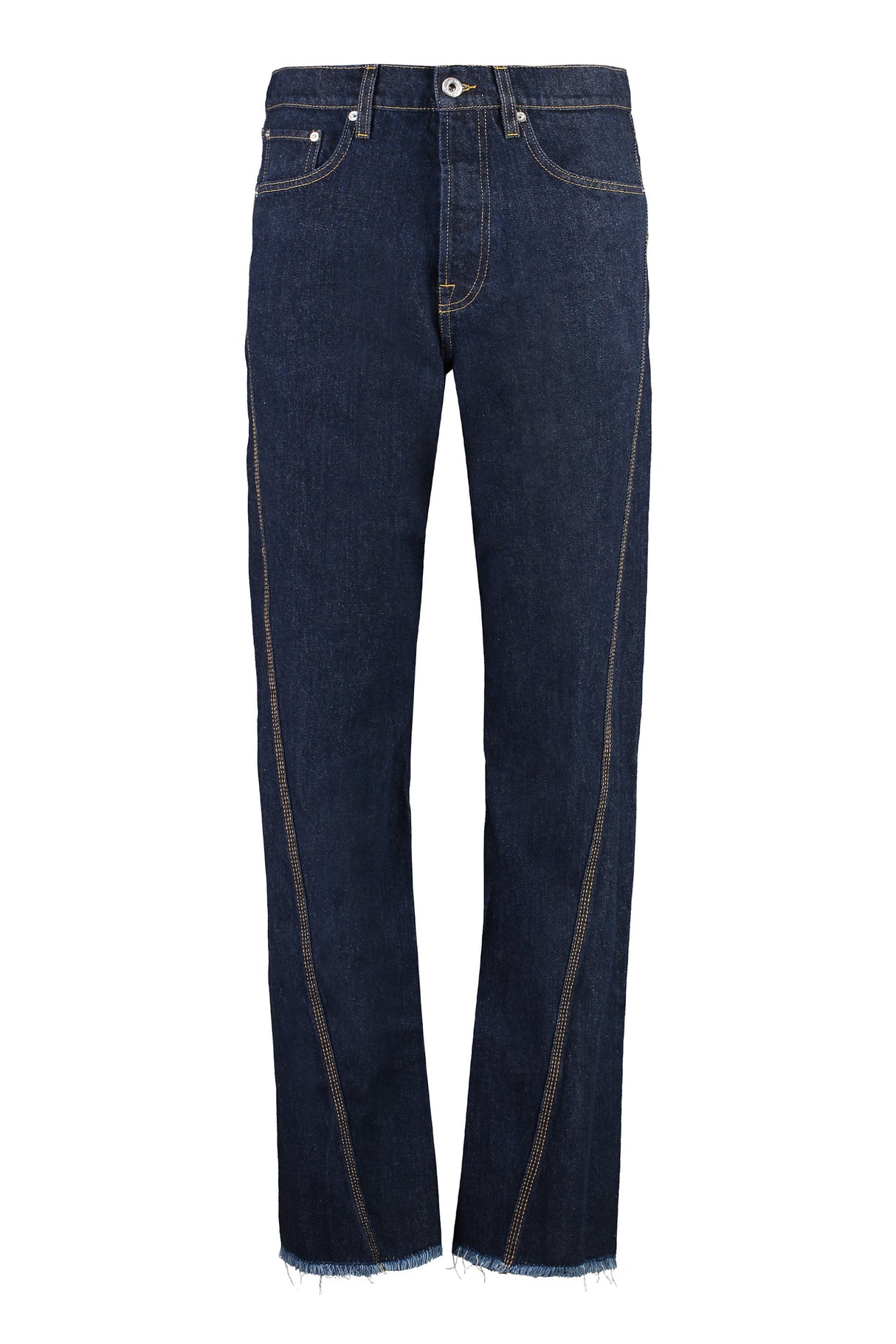 LANVIN Men's Denim Straight-Leg Jeans with Frayed Hem and Contrast Stitching