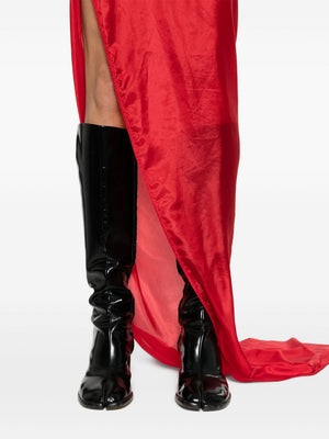 RICK OWENS Bright Red Silk Habotai Maxi Dress - High Neck, Semi-Sheer, Floor-Length