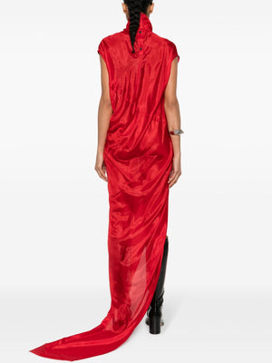 RICK OWENS Bright Red Silk Habotai Maxi Dress - High Neck, Semi-Sheer, Floor-Length