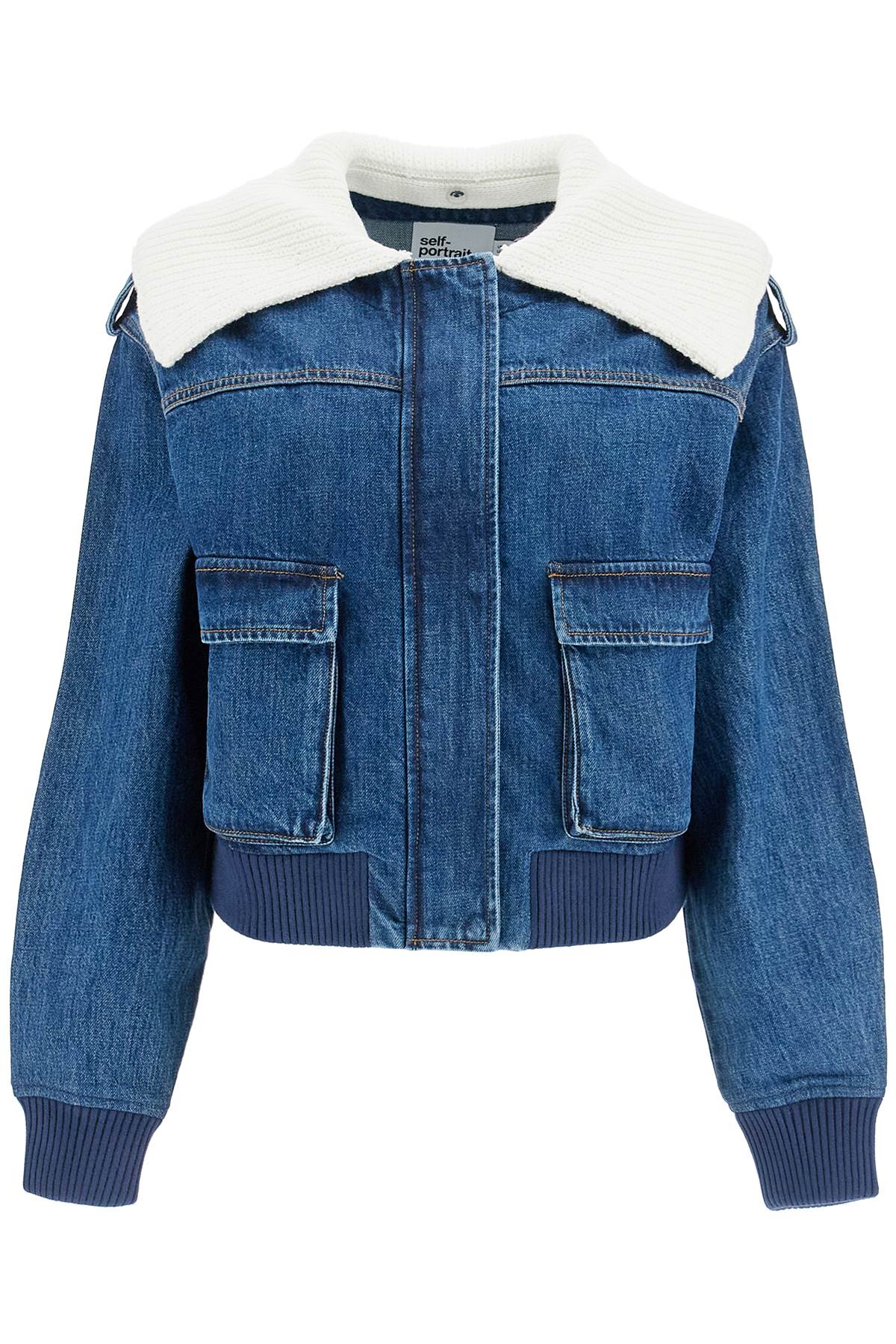 SELF-PORTRAIT Women's Denim Bomber Jacket with Removable Knit Collar - Relaxed Fit