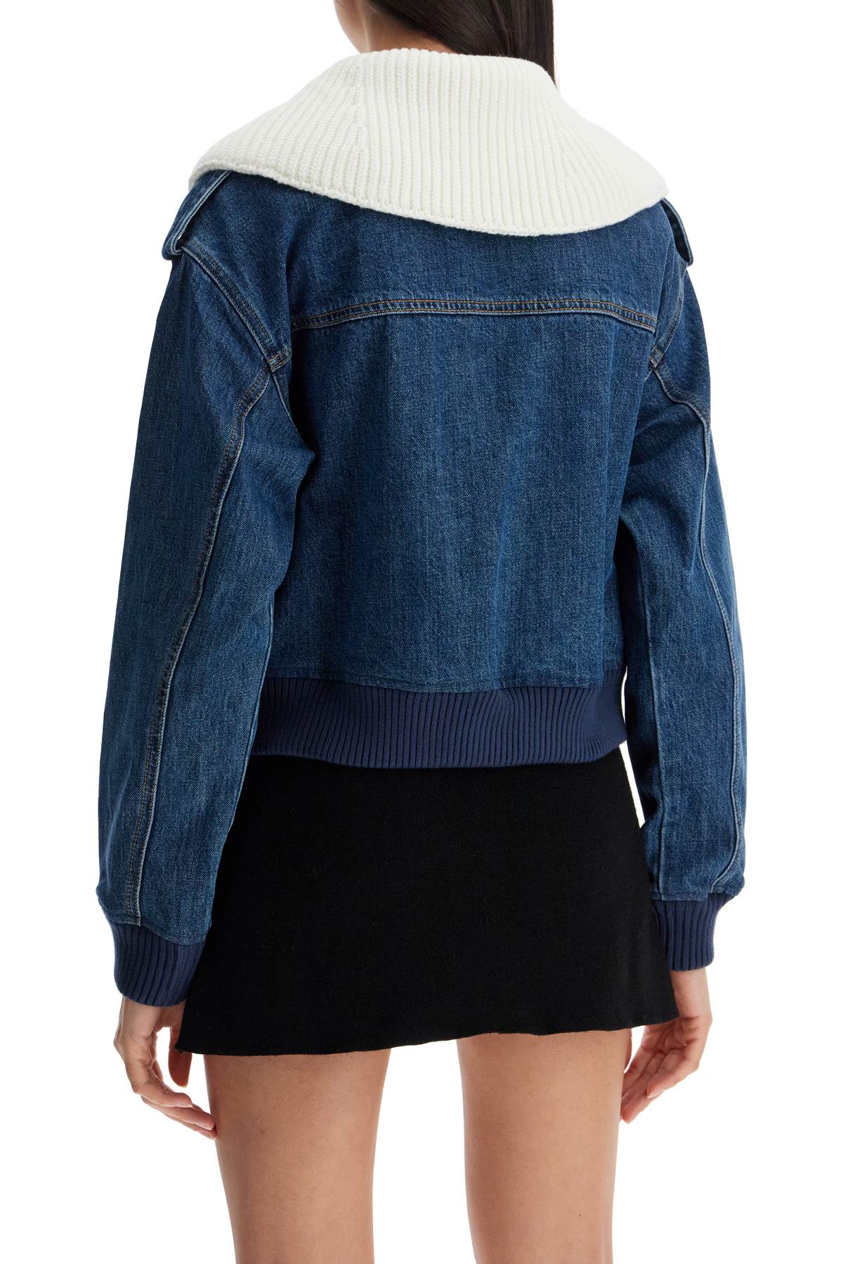 SELF-PORTRAIT Women's Denim Bomber Jacket with Removable Knit Collar - Relaxed Fit