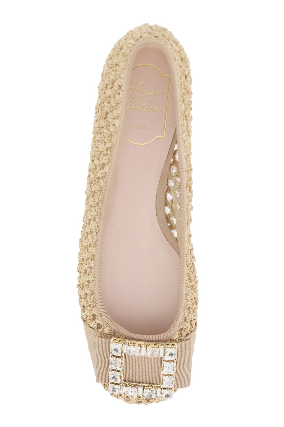 ROGER VIVIER Tan Raffia Ballerina Flats for Women with Strass Buckle and Grosgrain Insert