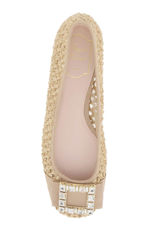 ROGER VIVIER Tan Raffia Ballerina Flats for Women with Strass Buckle and Grosgrain Insert