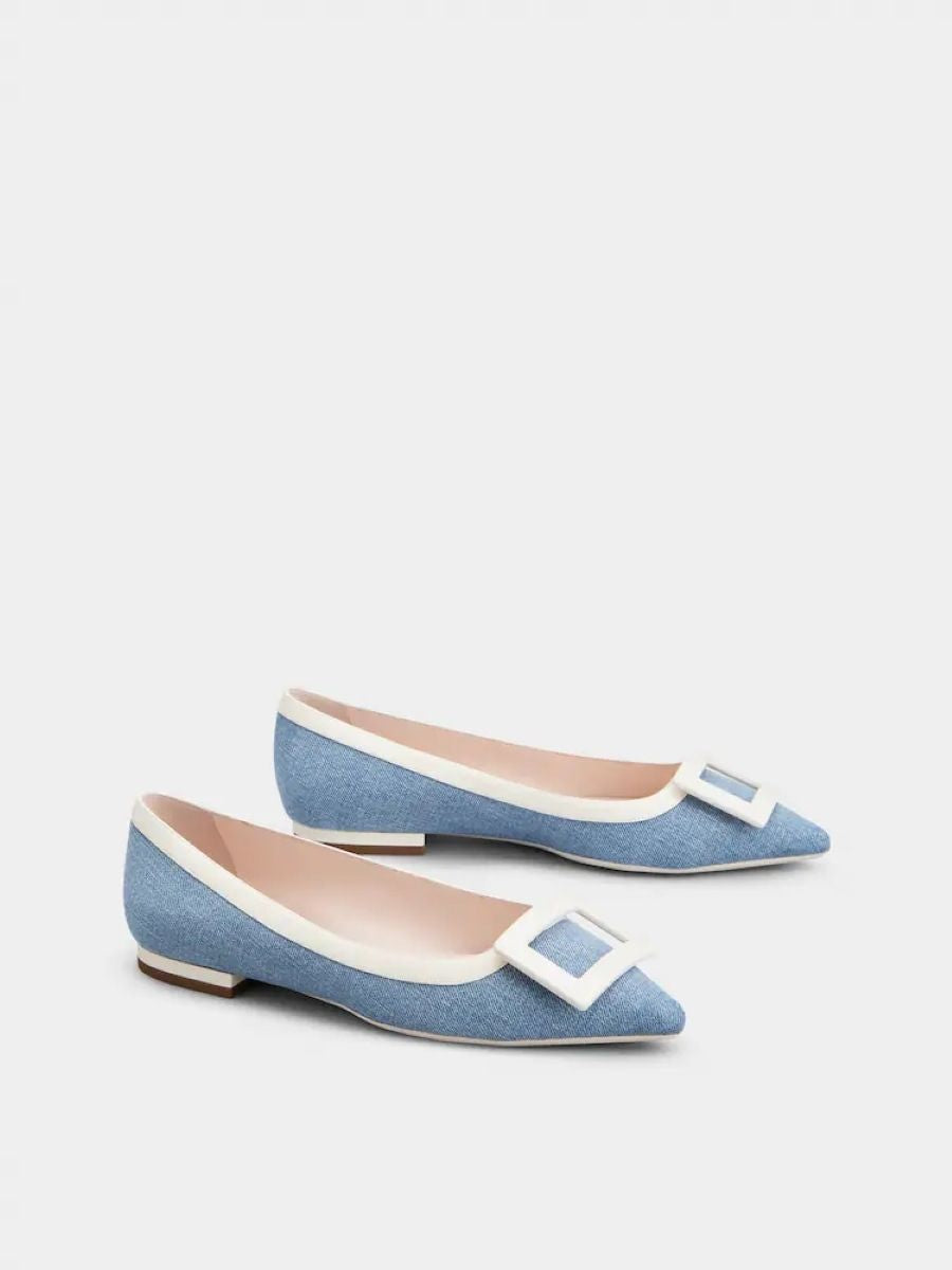 ROGER VIVIER Blue and Ecru Denim Buckle Ballerinas