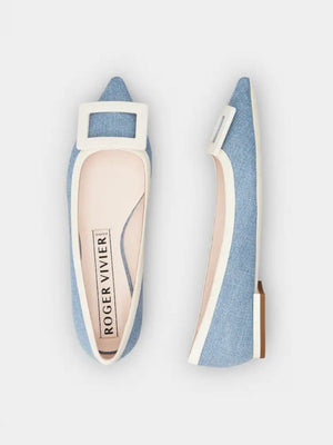 ROGER VIVIER Blue and Ecru Denim Buckle Ballerinas