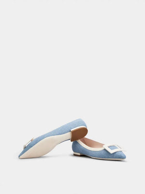 ROGER VIVIER Blue and Ecru Denim Buckle Ballerinas