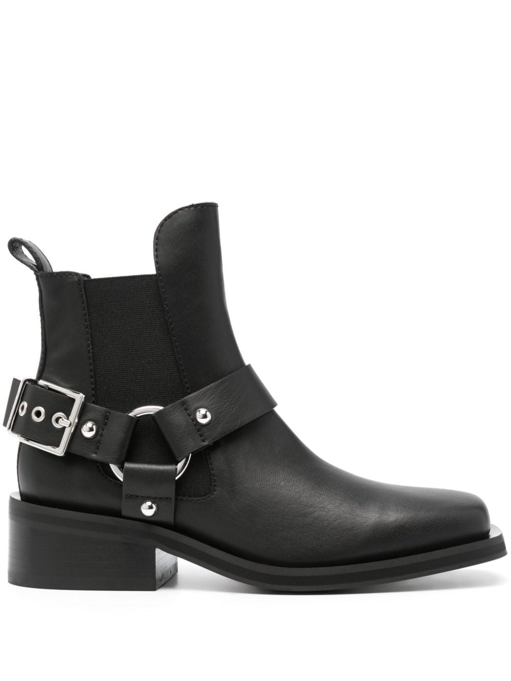 GANNI Women's Black Low Cut Chelsea Boots with Square Toe and Decorative Buckle Detailing