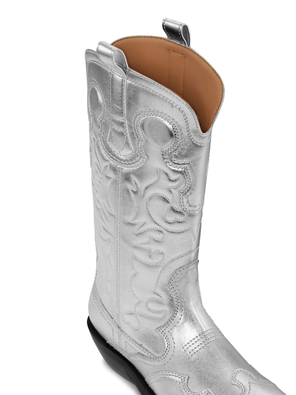 GANNI Silver Western Boots for Women with Metallic Sheen and Embroidered Motif