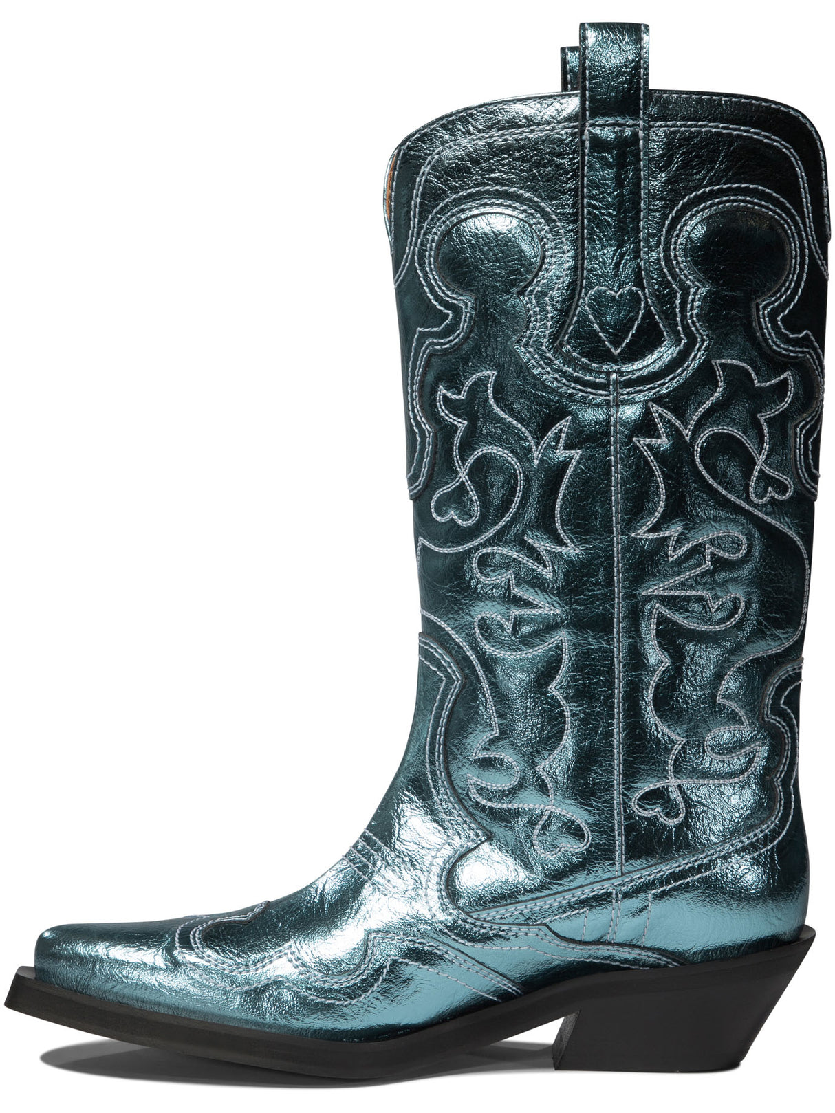 GANNI Chic Western-Inspired Metallic Blue Embroidered Boots