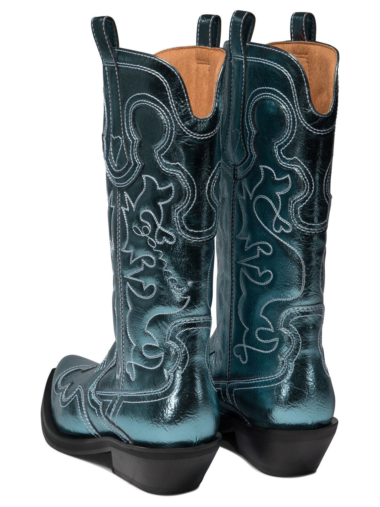 GANNI Chic Western-Inspired Metallic Blue Embroidered Boots