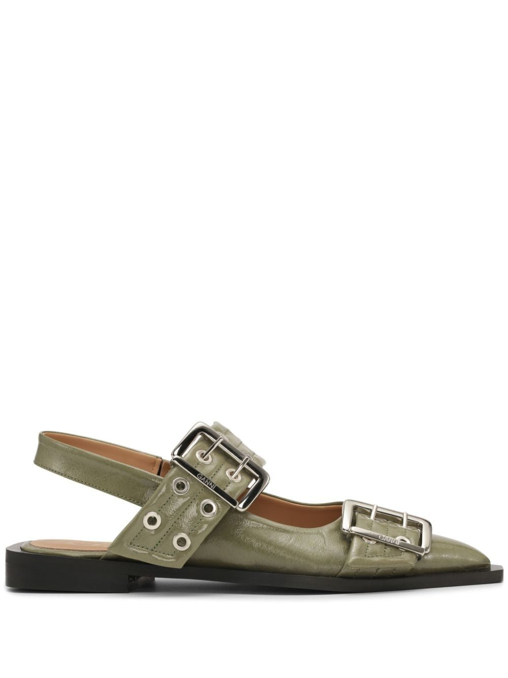 GANNI Dark Green Buckle Ballerina Sandals for Women - FW24 Collection