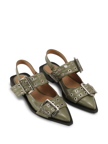 GANNI Dark Green Buckle Ballerina Sandals for Women - FW24 Collection