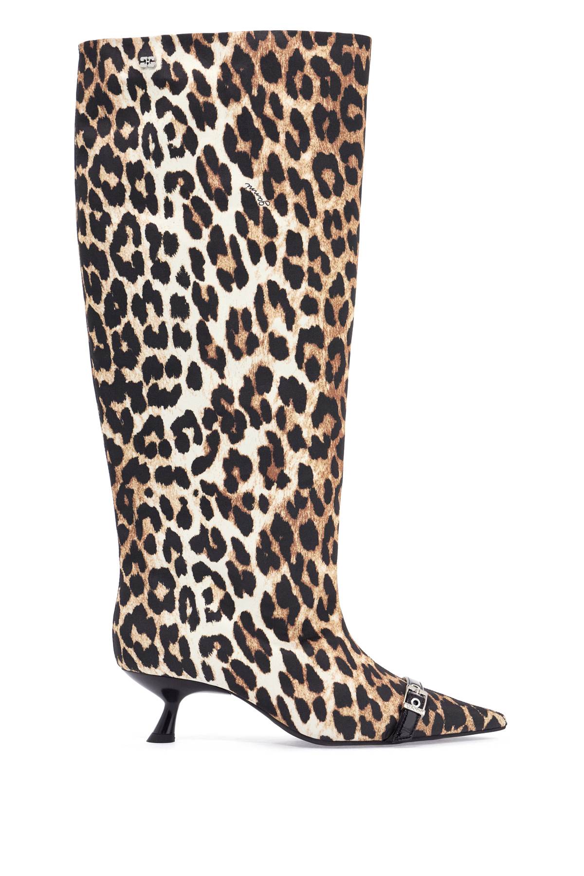 GANNI Pointed Animal Print Fabric Boots with Decorative Buckle