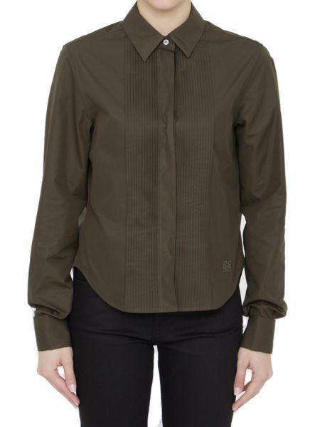 LOEWE Military Green Pleated Cotton Shirt for Women - Slim Fit