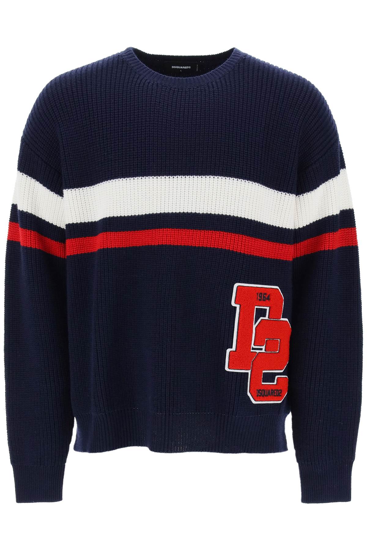 DSQUARED2 Striped Wool Sweater with Varsity Patch for Men