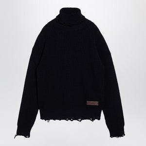 DSQUARED2 Navy Blue Wool Turtleneck Sweater with Leather Detail