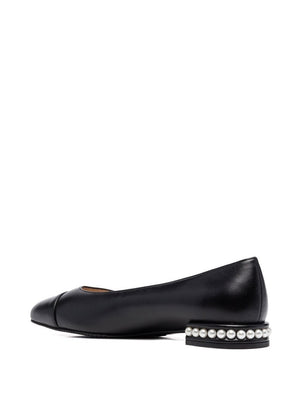 STUART WEITZMAN Classic Black Leather Ballerinas with Chic Pearl Embellishments - FW23 Collection