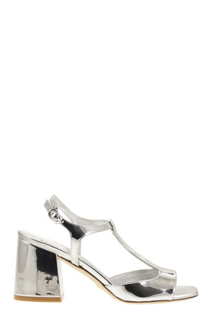 STUART WEITZMAN Gray Mirrored Leather T-Sandal with 85mm Flare Heel and Square Toe